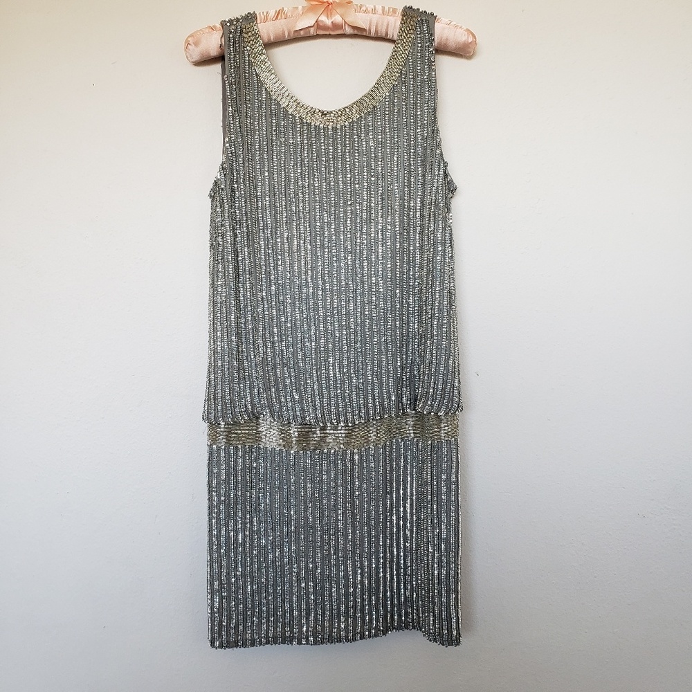 NWT Adrianna Papell Silver Sequined Short Dress, 6